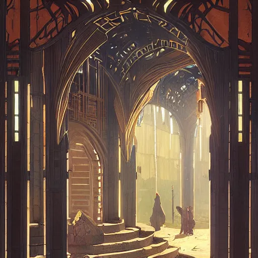 Image similar to immense art deco archway leading into byzantine arcology with studio ghibli wooden homeless medieval Hong Kong built into it, science fiction concept art by greg rutkowski and wayne barlowe and alphonse mucha