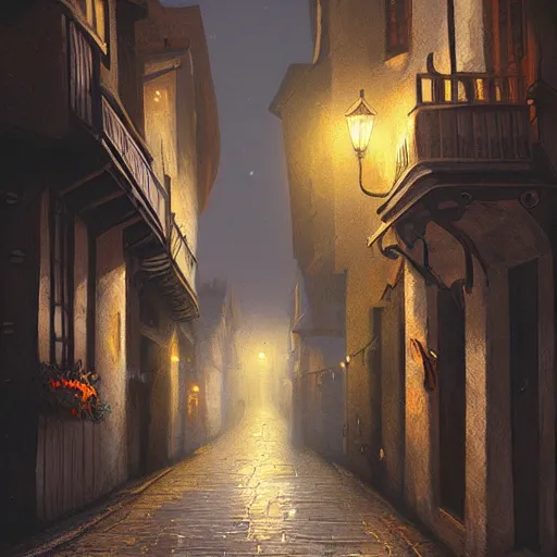 Prompt: A quaint, magical, medieval, London street at night, Tudor houses, digital painting by Alena Aenami, trending on artstation