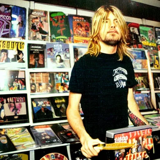 Image similar to kurt cobain smashing foo fighters cds at tower records in 1 9 9 6