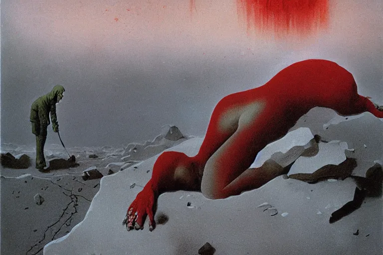 Image similar to a surrealist painting of a lonely woman with pale skin and red hair, standing over pile of bodies in post apocalyptic snowy landscape, painted by zdzisław beksinski and salvador dali