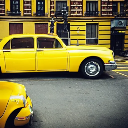 Image similar to a picture of a yellow-car parked next to a red-hydrant with a woman in a yellow-dress sitting on the hood, BEUTIFUL!, surreal, in style of Edward Hopper