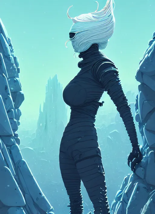 Image similar to highly detailed portrait of wasteland long curly white ice shard hair ninja mask curvy physique lady, stray wiring by atey ghailan, james gilleard, by joe fenton, by greg rutkowski, by greg tocchini, by kaethe butcher, 4 k resolution, gradient blue, cyan, black and white color scheme!!! ( ( snowy glaciated robotic dystopian city background ) )