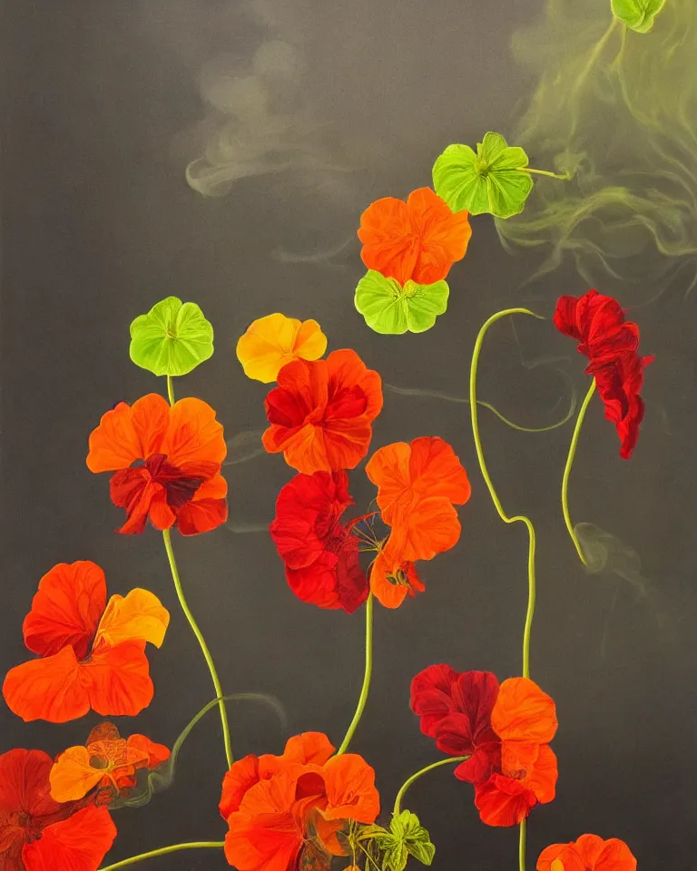 Image similar to hyperrealist still life artwork of nasturtium and colourful smoke from dark flames.
