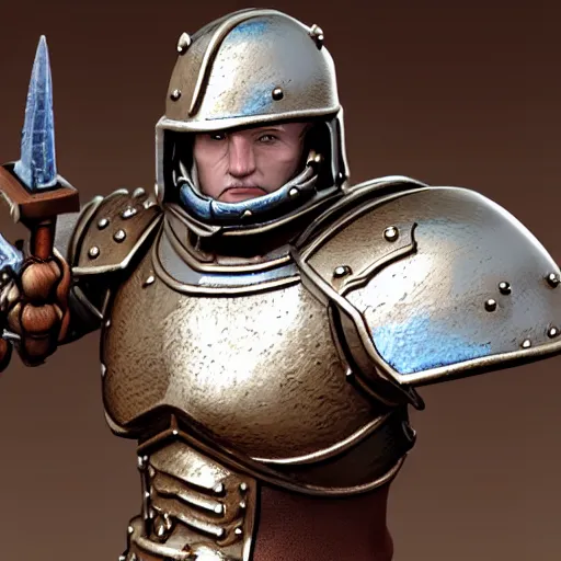 Image similar to warhammer fantasy battle, empire handgunner, detailed human face, brown hair, detailed blue eyes, strong arms, armored legs, torso plate armor, anatomically correct, realistic, hyper realistic, miniature, model, 3 d printed, base