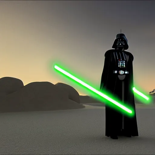 Prompt: darth vadar with a green lightsaber standing in front of the whitehosue, photorealistic, dusk