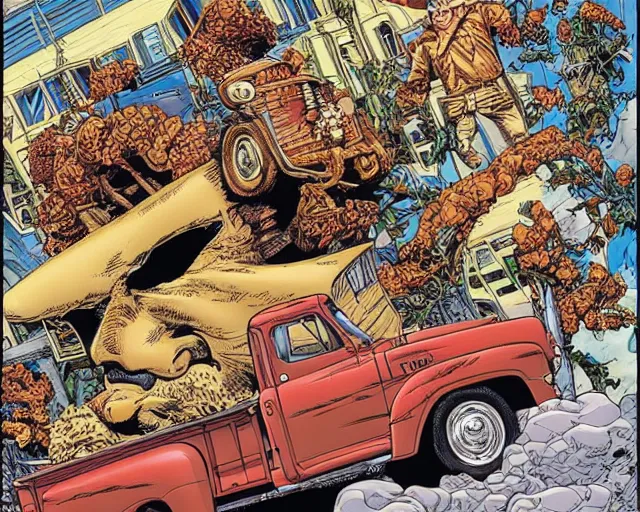 Prompt: a portrait of an old pickup truck by arthur adams and geof darrow and mike deodato and al feldstein and moebius and chip zdarsky