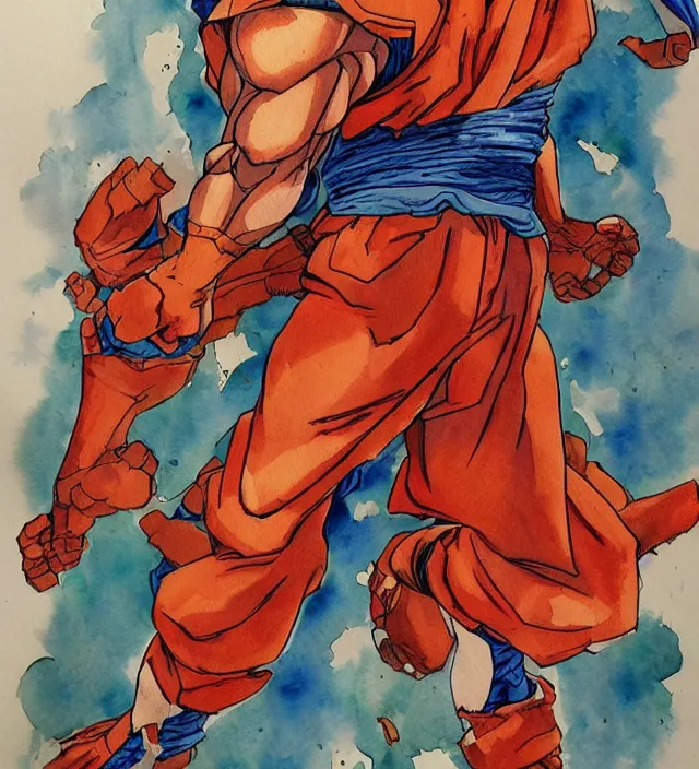 Image similar to a 3 / 4 view watercolor ink painting of goku as a superhero in the style of jean giraud in the style of moebius trending on artstation deviantart pinterest detailed realistic hd 8 k high resolution