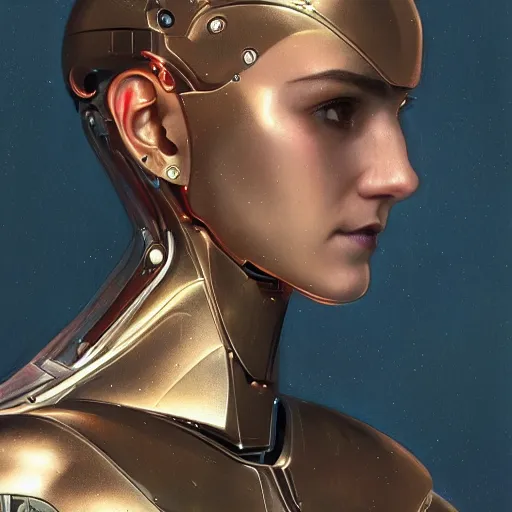 Image similar to headshot of humanoid robot from ex machina, intricate, headshot, highly detailed, digital painting, artstation, concept art, sharp focus, cinematic lighting, illustration, art by artgerm and greg rutkowski, alphonse mucha, cgsociety