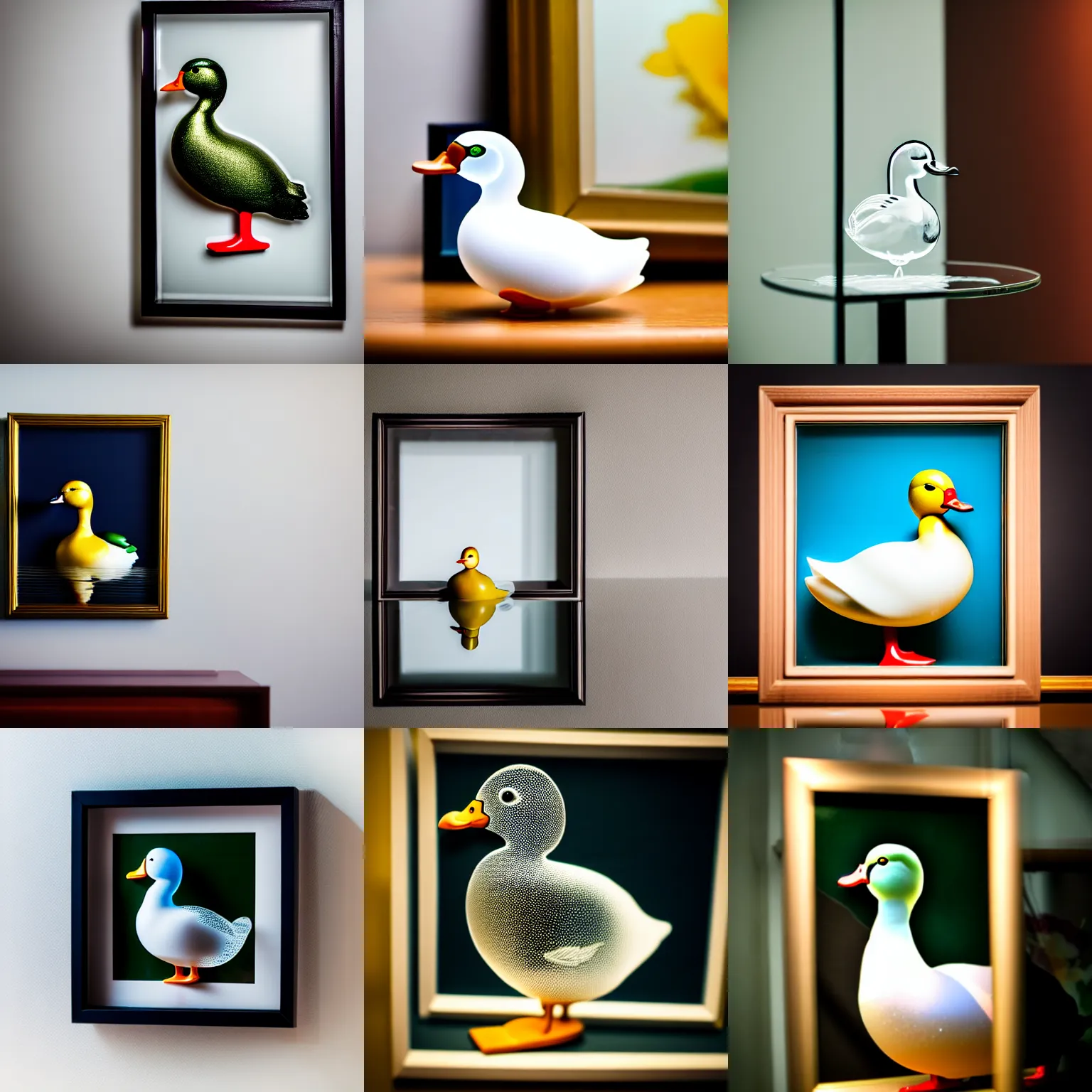 Prompt: a close up photo of a [ transparent clear glass duck in front of a framed painting ] [ not opaque ] [ clear duck ], professional photography, sigma 8 5 mm f / 8