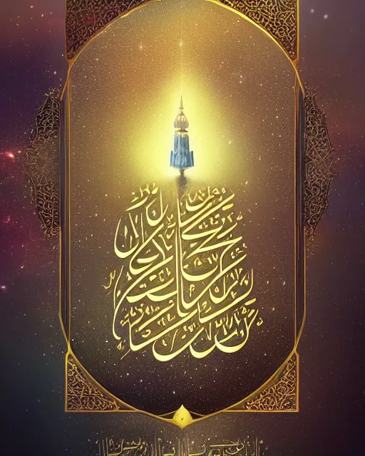 Image similar to the quran descending from the galaxy into clouds highly detailed, gold filigree, romantic storybook fantasy, soft cinematic lighting, award, pastel color palette, featured on artstation, digital art