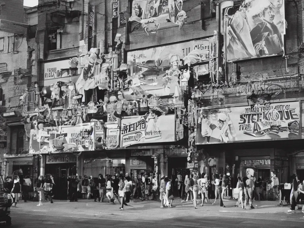 Prompt: a photograph taken with anscochrome 2 0 0, street view of the new theater of the town, with a back to the future banner, a lot of people in a line to enter the theater, ultra detailed, almost night, 1 9 8 5,