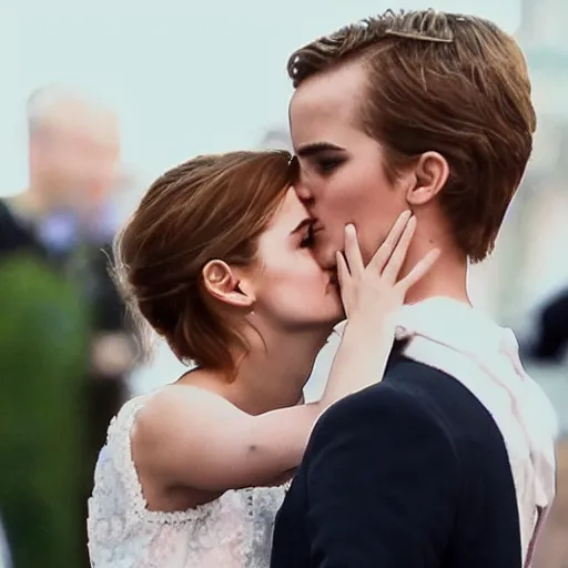 Prompt: emma watson kissing putin, award winning photography, cinematic, 50 mm, trending on Twitter