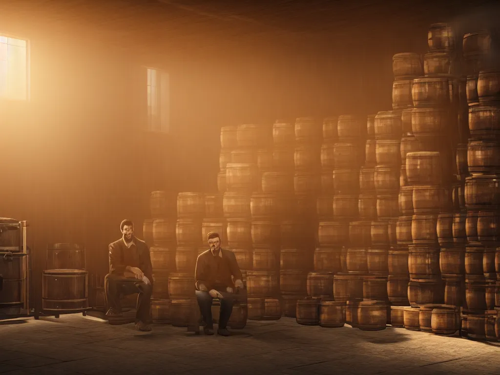 Image similar to a man sitting on a small wooden stool in a whisky factory with barrels stacked up to the sealing. beautiful atmospheric lighting, sunlight beaming through open windows, small dust particles in the air. unreal engine 5, v - ray, 8 k, ultra hd, god rays. concept art.