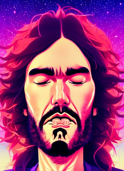 Prompt: ⁠portrait of Russell Brand meditating with eyes closed, cosmic background, rich vivid colors, ambient lighting, dynamic lighting, 4k, HQ, official media, anime key visual, makoto shinkai, ilya kuvshinov, lois van baarle, rossdraws, detailed, trending on artstation