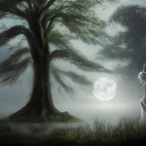 Image similar to an ultra realistic painting of a girl in a white dress sitting on the roots of a gigantic ancient tree overlooking a pond at night, surrounded by a towering dark forest, the moon can be glimpsed through the trees and is veiled by fog, fog obscures the background, midnight, dark fantasy, fantasy forest, spooky forest, highly detailed, concept art