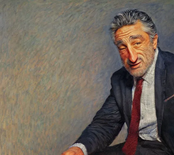 Prompt: a hyper-detailed oil painting of Robert DeNiro by Claude Monet; anatomically correct; trending on artstation