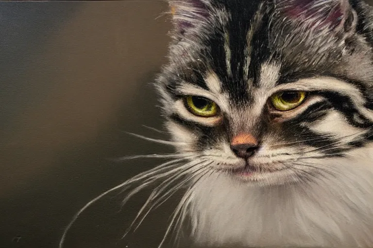 Image similar to A dark, brooding oil painting of a snarling kitten, close-up, high-quality, professional, dramatic lighting, extremely high detail, trending on artstation