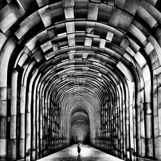 Image similar to “lost in a vast winding and overlapping labyrinth that is Powell’s City of Books. High arches platforms and catwalks are sunlit in this Creepy liminal photo. Hyperrealistic, benchmark resolution photo”