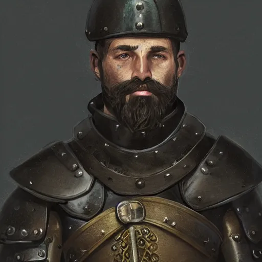 Prompt: Closeup of frustrated male medieval sergeant with a {short} beard wearing a black!!!! and yellow tabard over a steel breastplate and a black gambeson no!!!!!!!!!!!!!!!!!!!! helm, intricate, dramatic lighting, illustration by Greg Rutkowski, ArtStation, digital art, fantasy