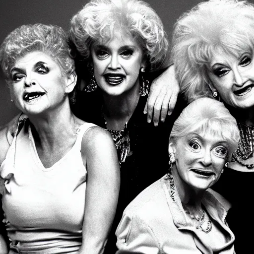 Prompt: the Golden Girls performing as members of a 1990s industrial band, photo, ultra realistic, clean details