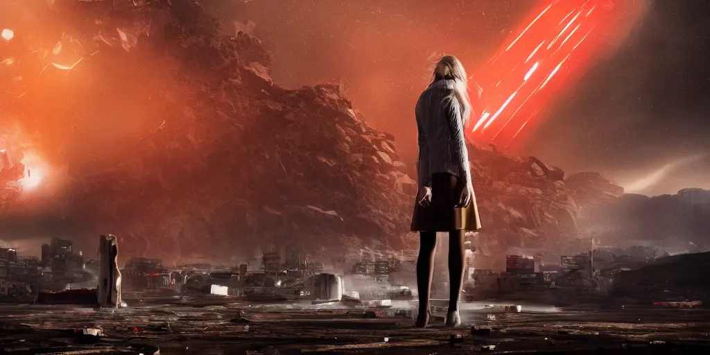 Image similar to a blonde girl standing front of a huge towering and broken stone tablet with red light + alien pattern + an abandoned spaceship, stands in the center of a prosperous city at the end of the world, and the power and energy is explode, secret, mysterious, doomsday, landscape, 2 4 mm lens, video game control, quantum break, arknights,