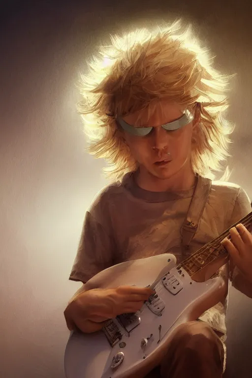 Image similar to blonde wild hair boy with eye - patch playing fender stratocaster, close - up portrait, plain white tshirt, powerfull, intricate, elegant, volumetric lighting, scenery, digital painting, highly detailed, artstation, sharp focus, illustration, concept art, ruan jia, steve mccurry