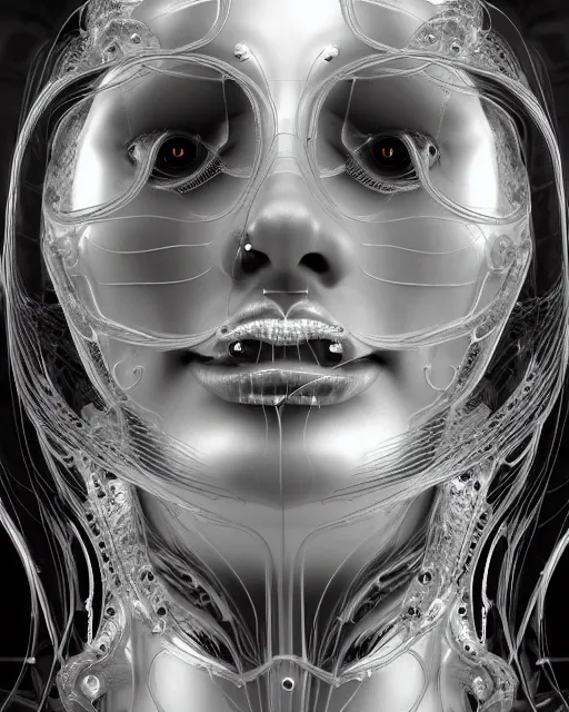 Image similar to mythical dreamy black and white organic translucent bio-mechanical spinal ribbed profile face portrait detail of steampunk mechanical beautiful female angelic-human-queen-realistic-cyborg, highly detailed, intricate crystal jelly ornate, poetic, 3D render, digital art, octane render, 8K artistic photography, photo-realistic, by Dora Maar