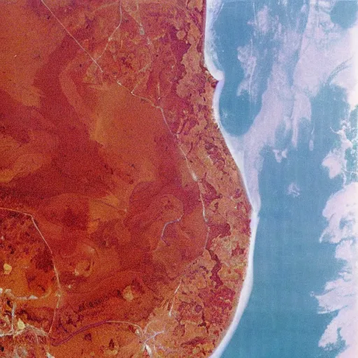 Prompt: a 1967 top secret government satellite photograph of the Great Lakes of the US filled with pizza sauce