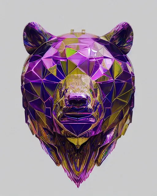 Image similar to highly detailed surreal vfx portrait of a metallic chromatic geometric tribal bear, behance, stephen bliss, unreal engine, greg rutkowski, loish, rhads, beeple, makoto shinkai and lois van baarle, ilya kuvshinov, rossdraws, tom bagshaw, alphonse mucha, global illumination, detailed and intricate environment