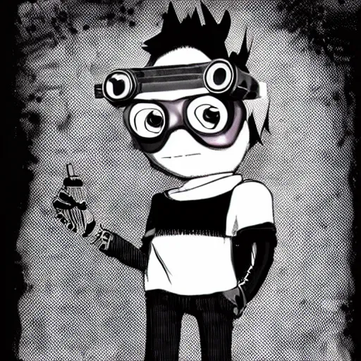 Prompt: a goth nerd guy wearing goggles and eccentric jewelry by jamie hewlett :: full body character concept art, full body, detailed