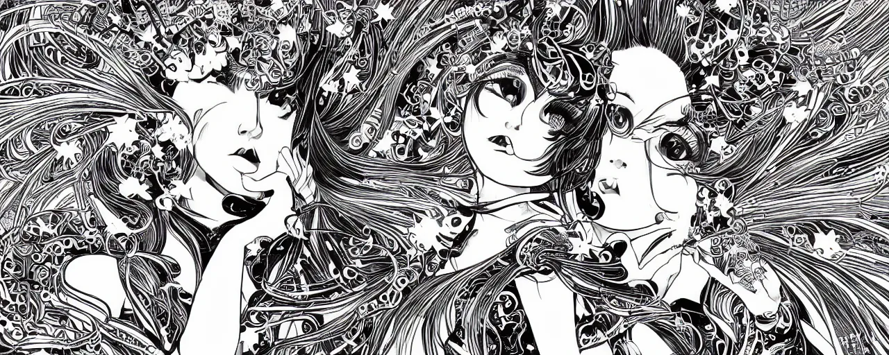 Image similar to musical goddess performing in Misono Universe, psychedelic poster in the style of , artgerm, Yoshio Awazu, Riyoko Ikeda, 3d render, artstation trending, black and white, detailed penwork