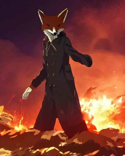 Image similar to a fox in a black trench - coat in front of a huge explosion in the middle of a war, style of anime