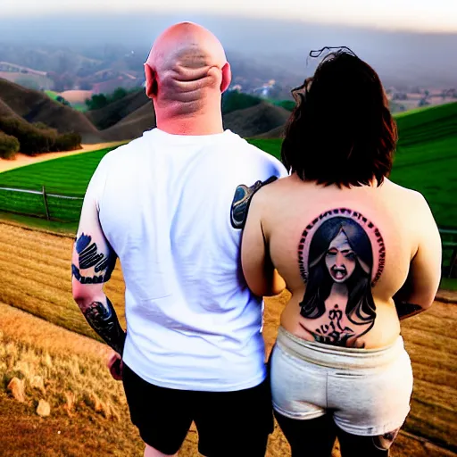 Image similar to portrait of a young chunky bald white male tattoos and his young white female brown hair wife with tattoos. male is wearing a white t - shirt, tan shorts, white long socks. female is has long brown hair and a lot of tattoos. photo taken from behind them overlooking the field with a goat pen. rolling hills in the background of california and a partly cloudy sky