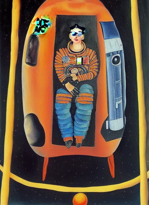 Prompt: a painting of an astronaut in a soyuz capsule by frida kahlo