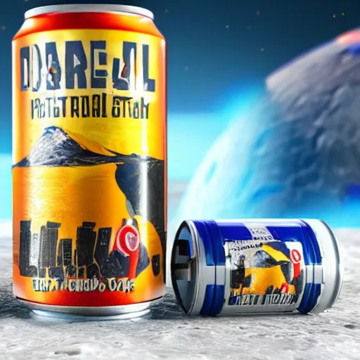 Image similar to photo of a detailed realistic idle regular sized electric guitar and a detailed realistic idle regular sized beer can next to one another on the moon surface. realistic. detailed