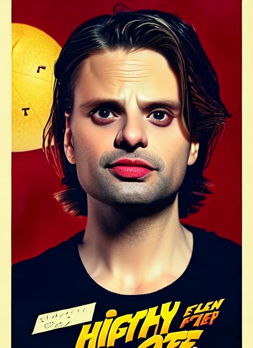 Image similar to highly detailed comedy caper movie poster with flan pudding faced sebastian stan as a sentient flan pudding, sebastian stan face made from flan pudding by greg rutkowski, masterpiece, 1 0 / 1 0