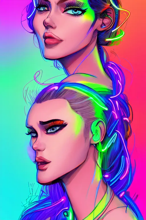 Image similar to a award winning portrait of a beautiful woman with stunning eyes in a one off shoulder crop top and cargo pants with rainbow colored hair, outlined by whirling illuminated neon lines and fine lines swirling in circles by greg tocchini, digital art, trending on artstation