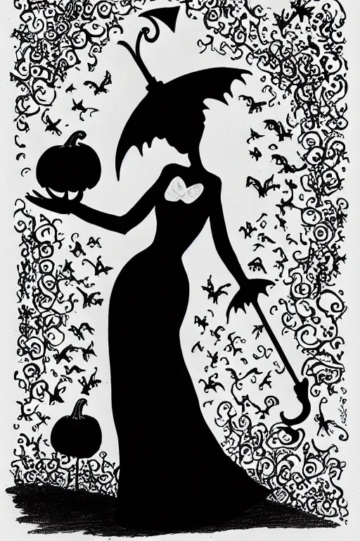Image similar to black and white ink drawing of a beautiful woman in short gothic dress holding an umbrella next to a pumpkin by tim burton and edward gory