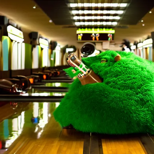 Image similar to cinematic photo of a giant taxidermized furry green crab in a bowling alley