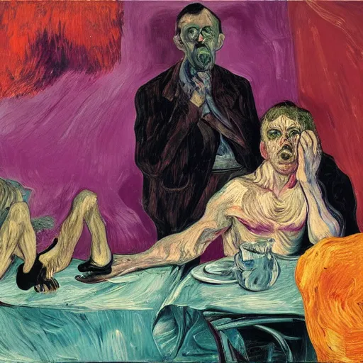 Image similar to high quality high detail expressionist painting of a man in agony by lucian freud and jenny saville and francis bacon and francisco goya and vincent van gogh, hd, anxiety, seated at table with friend in a living room crying and screaming, turquoise and purple and orange and pink