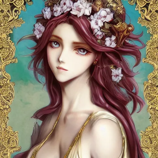 Prompt: aphrodite, baroque style, elegant, beautiful, mesmerizing, concept art, fancy clothing, highly detailed, artstation, behance, deviantart, inspired by innocent manga, inspired by castlevania concept art, trending, ayami kojima, shinichi sakamoto