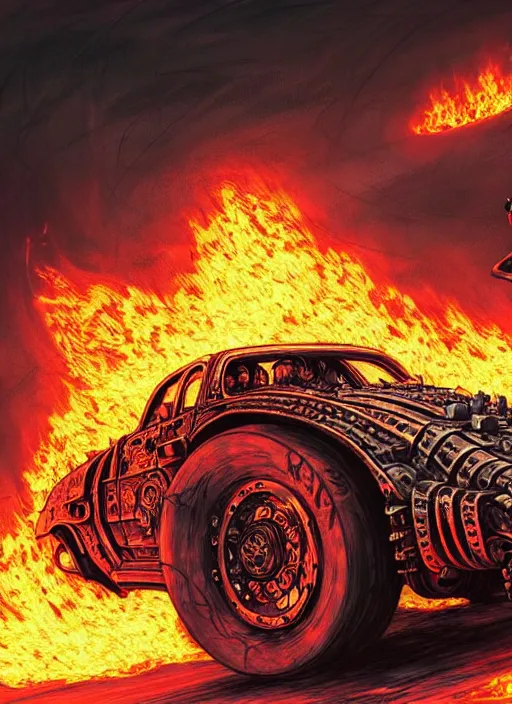 Image similar to portrait of a punk man driving a burning man car, background is on fire, mad max style, warhammer 40000, cyberpunk, intricate, highly detailed, digital painting, artstation, concept art, smooth, sharp focus, illustration, art by Amano and Karol_Bak and artgerm and greg rutkowski and alphonse mucha and Gustav Klimt and Kojima