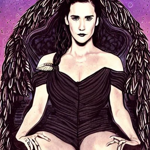 Image similar to young innocent jennifer connelly as innocent gothic beauty with black feathers instead of hair, eyes closed, mutant, sad, feathers growing out of skin, sitting in opulent chair, romantic, comic book cover, vivid, beautiful, illustration, highly detailed, rough paper, dark, oil painting