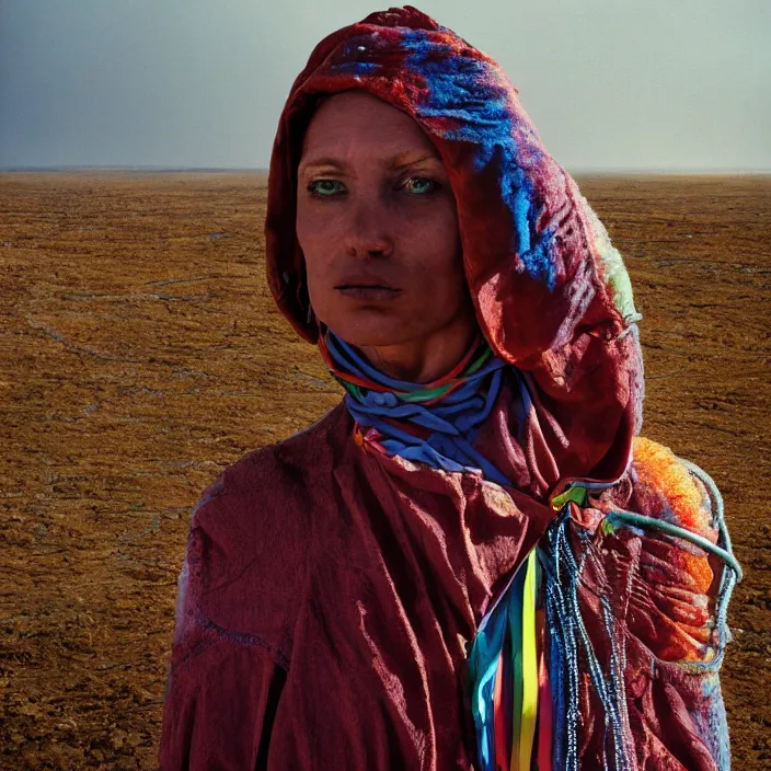 Image similar to closeup portrait of a woman with a hood made of wire and rainbows, standing in a fertile apocalyptic landscape, by Annie Leibovitz and Steve McCurry, natural light, detailed face, CANON Eos C300, ƒ1.8, 35mm, 8K, medium-format print