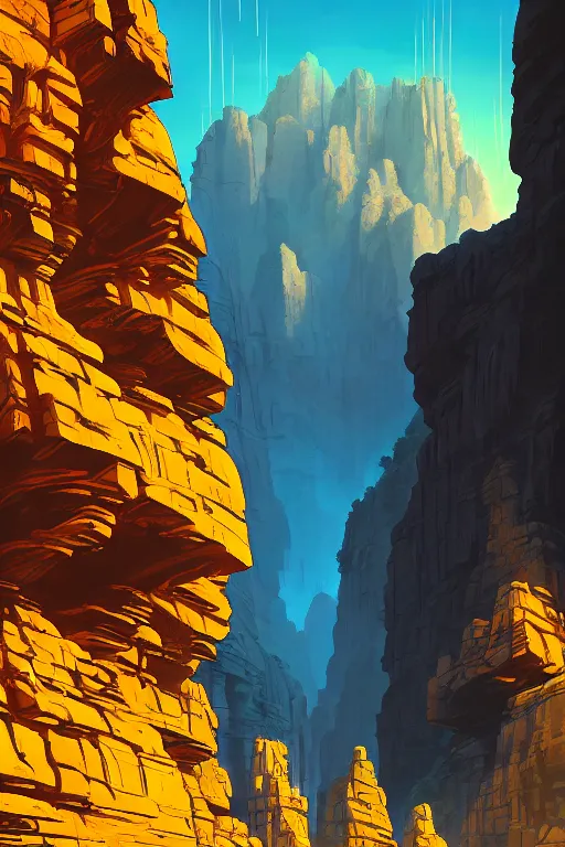 Image similar to ancient temple glowing yellow in a canyon, light streaks in a blue sky, dramatic lighting, artstation, matte painting, ralph mcquarrie, simon stalenhag