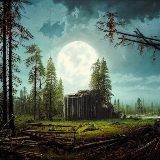 Image similar to a ivan shishkin and simon stalenhag photo of a ruined building under an enormous robot, the sky is cloudy. the moon is full.