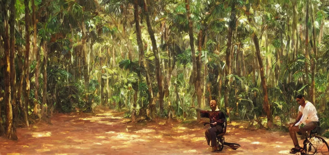 Prompt: kayne sitting on cyclo, inside a tropical forest, daylight happy mood, aged oil painting by le pho