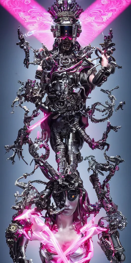 Prompt: full-body baroque and cyberpunk style sculpture of a young seductive Hispanic prince half android with a chest exposing a glowing gemstone battery, glowing pink seductive laser eyes, crown of blue gears and diamonds, swirling salmon-colored silk fabric, robotic raptors dinosaurs. baroque elements. full-length view. intricate artwork by caravaggio. art by Artgerm and Greg Rutkowski and Alphonse Mucha, Trending on artstation, cinematic industrial lighting, hyper realism, octane render, 8k, depth of field, 3D