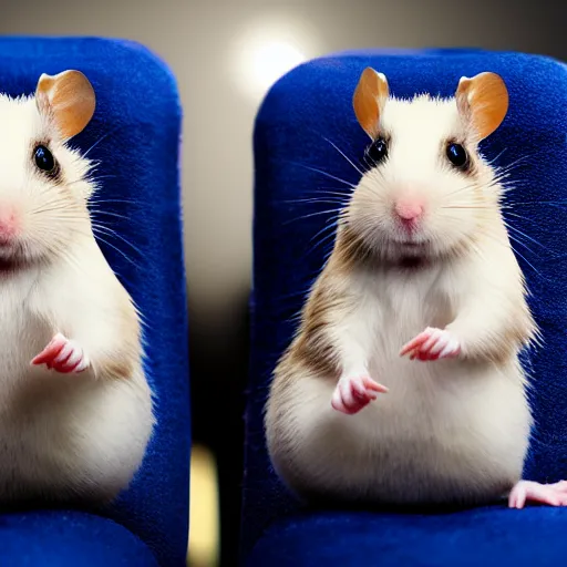 Image similar to photo of two hamsters, holding paws, on a cinema seat, various poses, unedited, dim light, sharp focus, 8 k