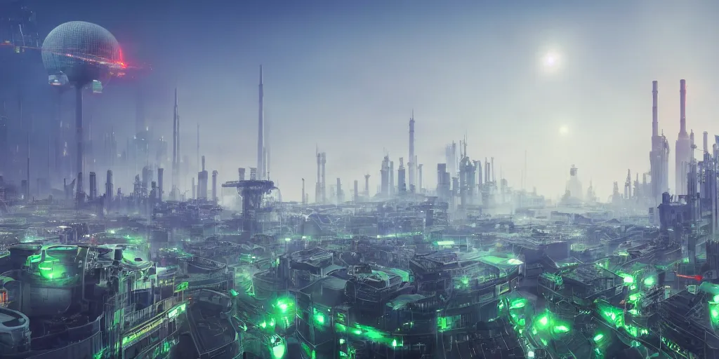 Image similar to big futuristic city like coruscant, with a yellow green smog sky, cinematic lighting, power plants with smoke, factories, tall metal towers, flying metal orbs with red lights, flying vehicles, a big moon in the sky, one blimp in the distance, hd 4k photo